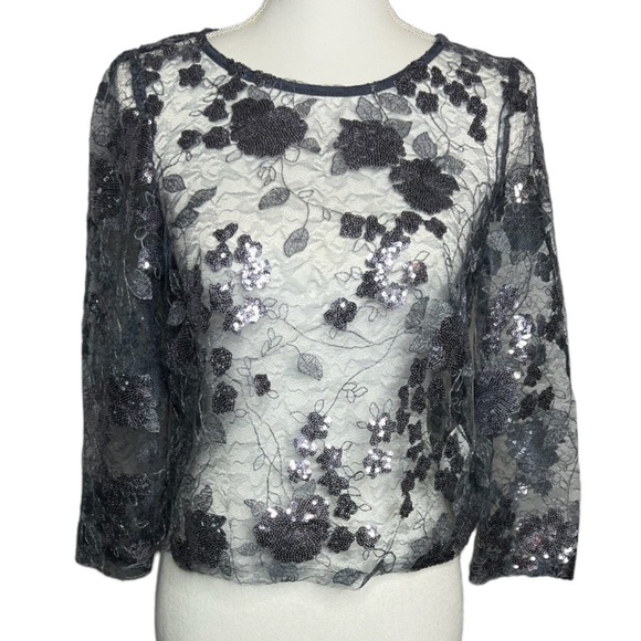 Marina Gray Lace Sequin Embroidered Zip Back Blouse - Picture 1 of 8